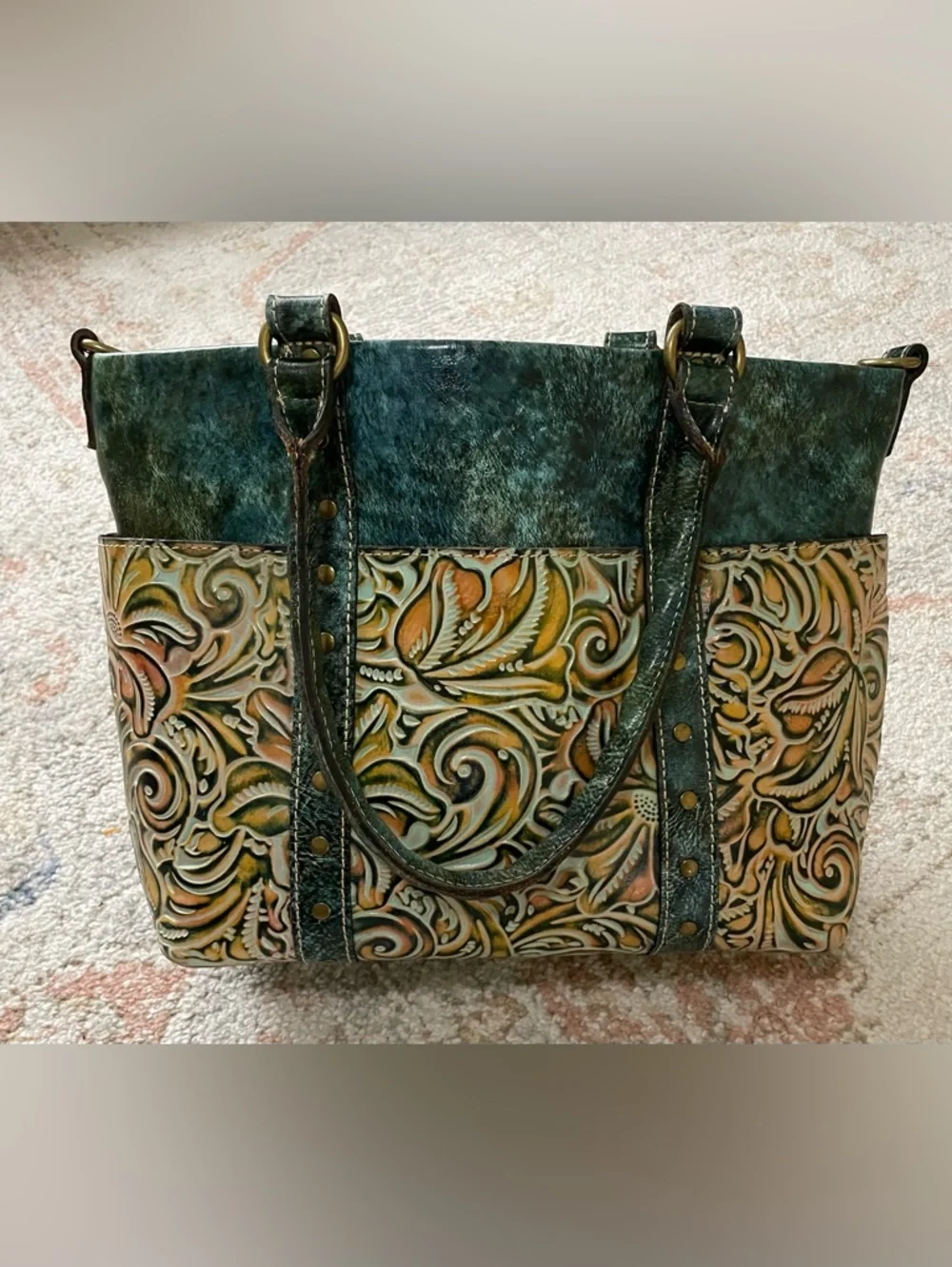 Patricia Nash Talloria Tooled Leather Handbag - Turquoise Western Tote - Picture 2 of 10